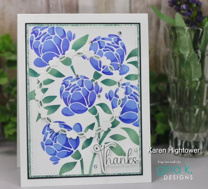 Gina K Designs - Layering Stencil - Modern Hydrangea. Available at Embellish Away located in Bowmanville Ontario Canada. Card example by Karen Hightower