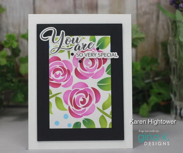 Gina K Designs - Layering Stencil - Shimmering Roses. Available at Embellish Away located in Bowmanville Ontario Canada. Example by Karen Hightower.