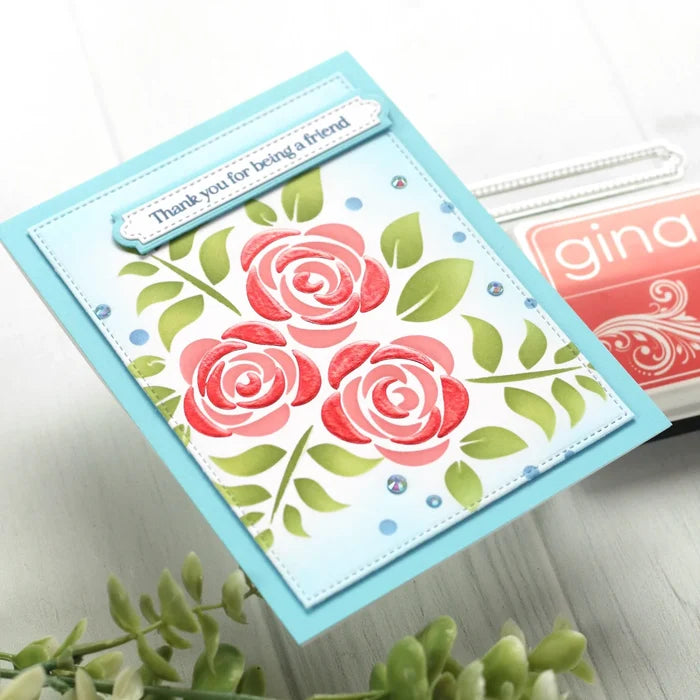 Gina K Designs - Layering Stencil - Shimmering Roses. Available at Embellish Away located in Bowmanville Ontario Canada. Example by Gina K designs Ambasador.