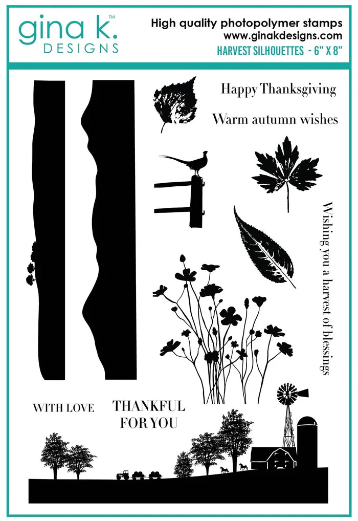 Gina K. Designs - Stamp - Harvest Silhouettes. Harvest Silhouettes is a stamp set by Gina K Designs. This set is made of premium clear photopolymer and measures 6" X 8".&nbsp; Made in the USA. Available at Embellish Away located in Bowmanville Ontario Canada.