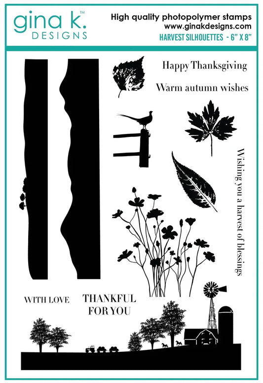 Gina K. Designs - Stamp - Harvest Silhouettes. Harvest Silhouettes is a stamp set by Gina K Designs. This set is made of premium clear photopolymer and measures 6" X 8".&nbsp; Made in the USA. Available at Embellish Away located in Bowmanville Ontario Canada.