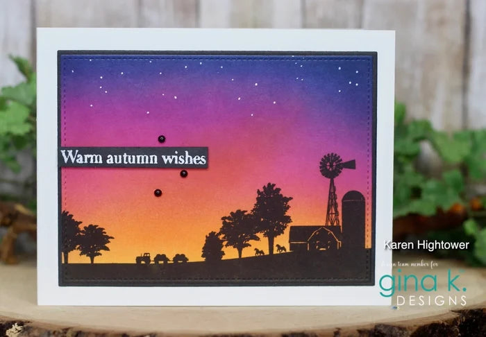 Gina K. Designs - Stamp - Harvest Silhouettes. Harvest Silhouettes is a stamp set by Gina K Designs. This set is made of premium clear photopolymer and measures 6" X 8".&nbsp; Made in the USA. Available at Embellish Away located in Bowmanville Ontario Canada. Example by Karen Hightower.