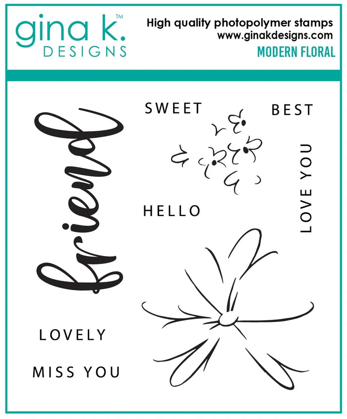 Gina K. Designs - Stamp - Modern Floral. Modern Floral is a stamp set by Gina K Designs. This set is made of premium clear photopolymer and measures 4" X 4". Available at Embellish Away located in Bowmanville Ontario Canada.
