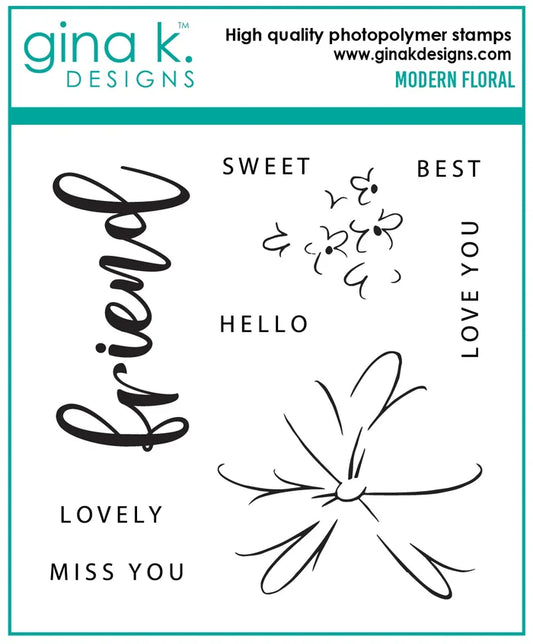 Gina K. Designs - Stamp - Modern Floral. Modern Floral is a stamp set by Gina K Designs. This set is made of premium clear photopolymer and measures 4" X 4". Available at Embellish Away located in Bowmanville Ontario Canada.