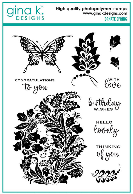Gina K. Designs - Stamp - Ornate Spring. Ornate Spring is a stamp set by Gina K Designs. This set is made of premium clear photopolymer and measures 6" X 8". Made in the USA. Available at Embellish Away located in Bowmanville Ontario Canada.