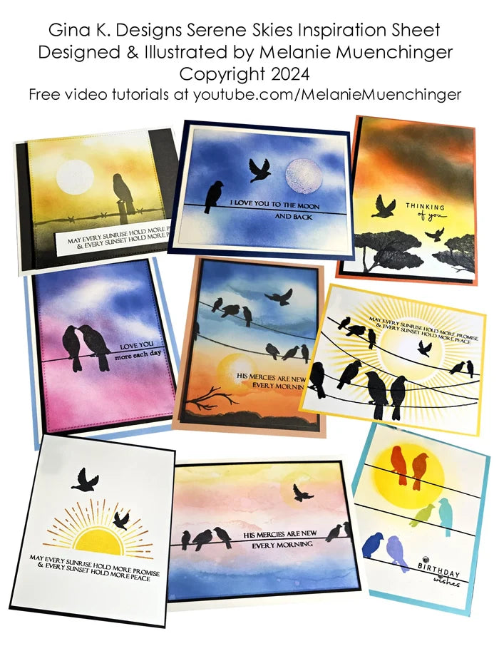 Gina K. Designs - Stamp - Serene Skies. Melanie Muenchinger has created some perfect silhouettes, powerlines and barbed wire fences to complement your blended ink backgrounds. This set is made of premium clear photopolymer and measures 6" X 8". Available at Embellish Away located in Bowmanville Ontario Canada. Inspiration Sheet by Melanie Muenchinger. For Personal Use only.