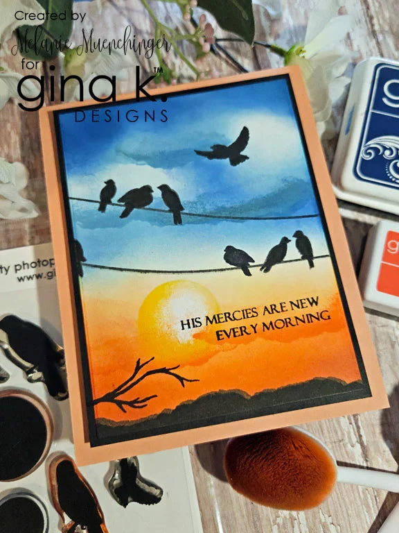 Gina K. Designs - Stamp - Serene Skies. Melanie Muenchinger has created some perfect silhouettes, powerlines and barbed wire fences to complement your blended ink backgrounds. This set is made of premium clear photopolymer and measures 6" X 8". Available at Embellish Away located in Bowmanville Ontario Canada. Example by Melanie Muenchinger.