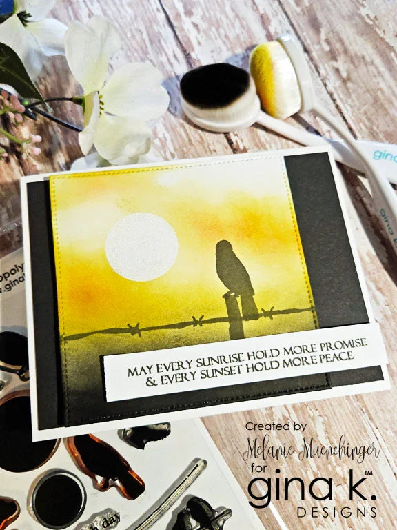 Gina K. Designs - Stamp - Serene Skies. Melanie Muenchinger has created some perfect silhouettes, powerlines and barbed wire fences to complement your blended ink backgrounds. This set is made of premium clear photopolymer and measures 6" X 8". Available at Embellish Away located in Bowmanville Ontario Canada. Example by Melanie Muenchinger.