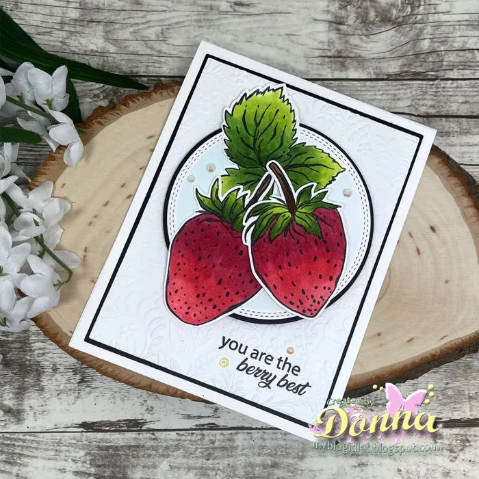 Gina K. Designs - Stamp & Die Set - So Berry Sweet. So Berry Sweet is a stamp & die set by Hannah Drapinski. This set is made of premium clear photopolymer and measures 6" X 8". Available at Embellish Away located in Bowmanville Ontario Canada. Example by Donna.