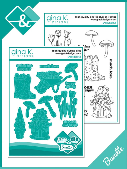 Gina K. Designs - Stamp &amp; Die Set - Spring Garden. Spring Garden is a stamp &amp; die set by Hannah Drapinski. This set is made of premium clear photopolymer and measures 6" X 8". Available at Embellish Away located in Bowmanville Ontario Canada.