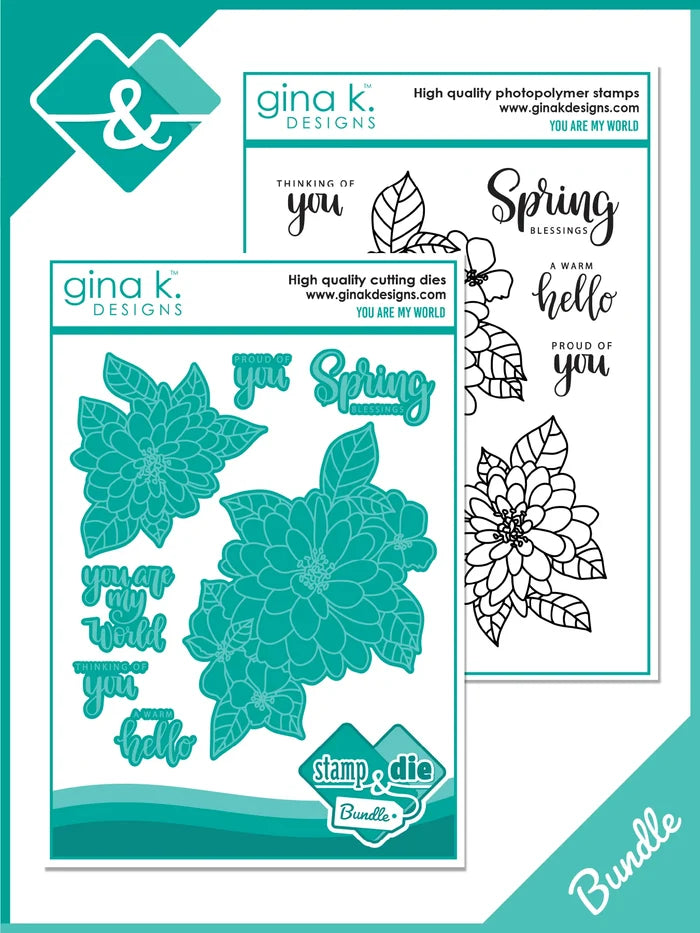Gina K. Designs - Stamp &amp; Die Set - You Are My World. You Are My World is a stamp set by Arjita Singh. This set is made of premium clear photopolymer and measures 6" X 8". Available at Embellish Away located in Bowmanville Ontario Canada.