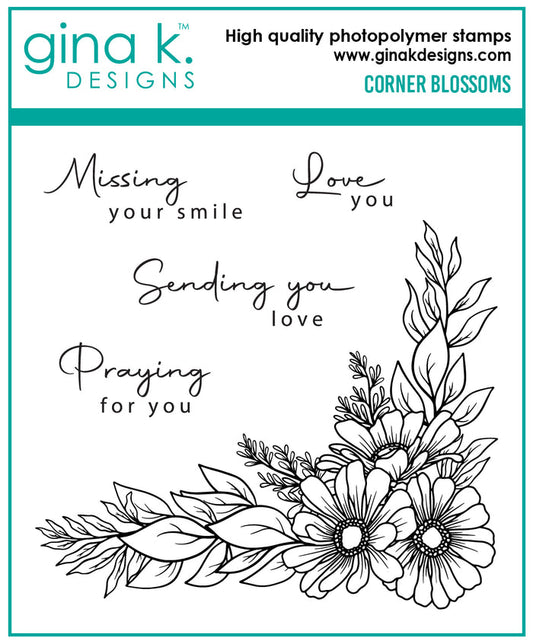 Gina K. Designs - Stamps - Corner Blossoms. Find Peace is a stamp set by Gina K Designs. This set is made of premium clear photopolymer. Made in the USA. Available at Embellish Away located in Bowmanville Ontario Canada.