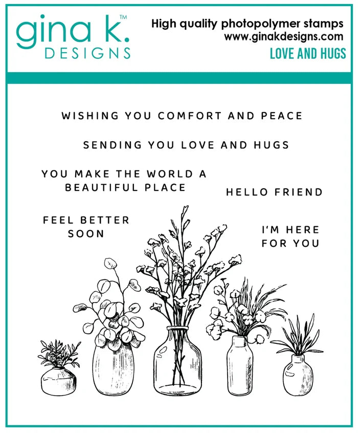 Gina K. Designs - Stamps - Love and Hugs. Find Peace is a stamp set by Gina K Designs. This set is made of premium clear photopolymer. Made in the USA. Available at Embellish Away located in Bowmanville Ontario Canada.