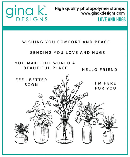 Gina K. Designs - Stamps - Love and Hugs. Find Peace is a stamp set by Gina K Designs. This set is made of premium clear photopolymer. Made in the USA. Available at Embellish Away located in Bowmanville Ontario Canada.