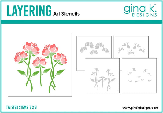 Gina K. Designs - Stencil - Twisted Stems. Gina K. Designs Art Screens can be used with ink, sprays, pastes, and gels to create beautiful backgrounds and images. Available at Embellish Away located in Bowmanville Ontario Canada.