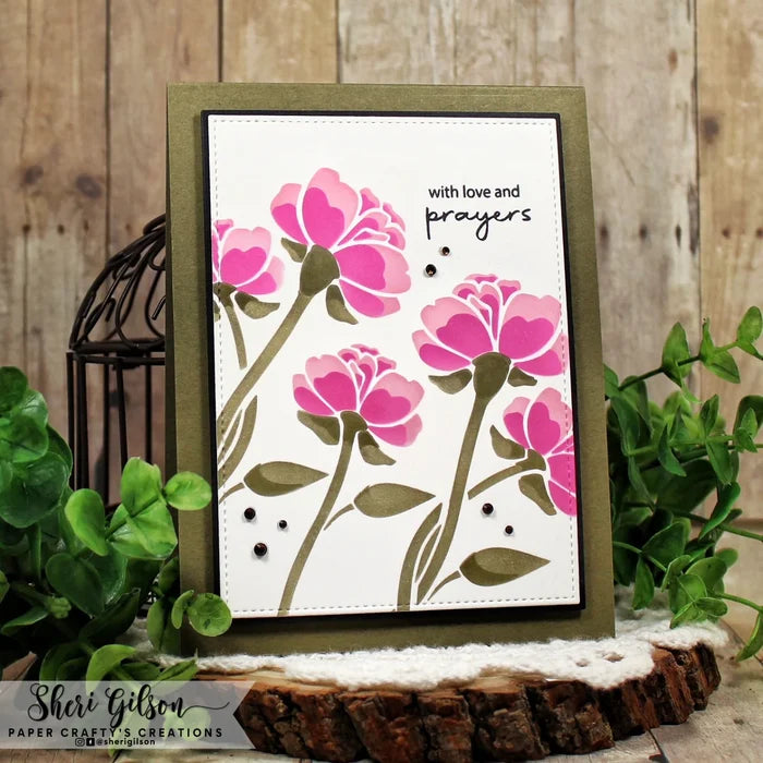 Gina K. Designs - Stencil - Twisted Stems. Gina K. Designs Art Screens can be used with ink, sprays, pastes, and gels to create beautiful backgrounds and images. Available at Embellish Away located in Bowmanville Ontario Canada. Example by Sheri Gilson.