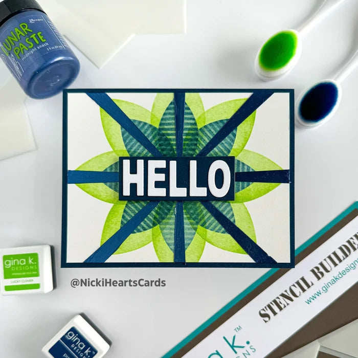 Gina K. Designs - Tool - Rays Stencil Builder. Gina K. Designs Art Screens can be used with ink, sprays, pastes, and gels to create beautiful backgrounds and images. Available at Embellish Away located in Bowmanville Ontario Canada. example by Nicki at Hearts Cards.