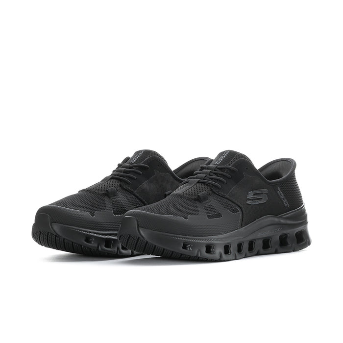Men's black slip-resistant sneakers, angled side view, chunky tread sole