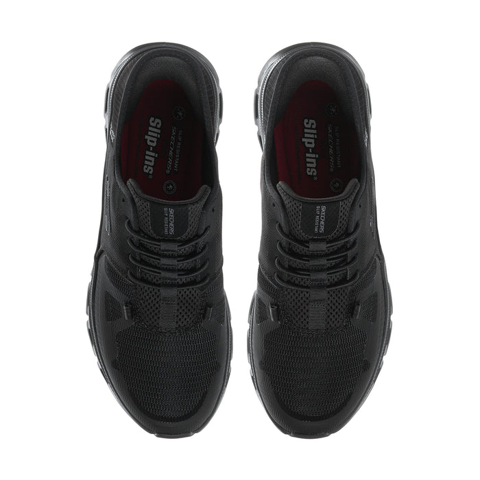 Men's black slip-resistant sneakers, lace-up front, padded collar