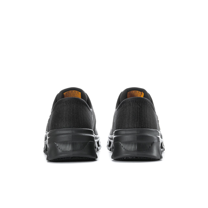 Men's black slip-resistant sneakers, heel view, cushioned back
