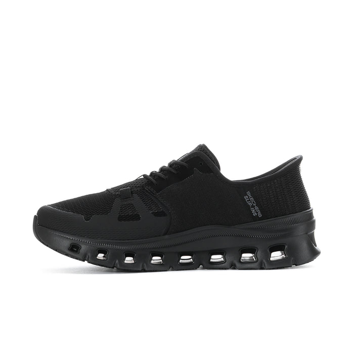 Men's black slip-resistant sneakers, slip-on knit upper, no laces, pull tab