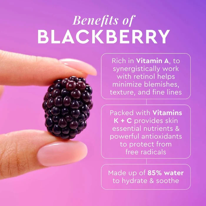 Glow Recipe Blackberry Retinol Blemish Serum bottle with dropper, showcasing the beauty product for clear skin.
