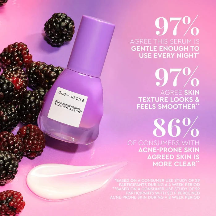 Glow Recipe Blackberry Retinol Blemish Serum bottle with black cap, showcasing the skincare product on a neutral background.