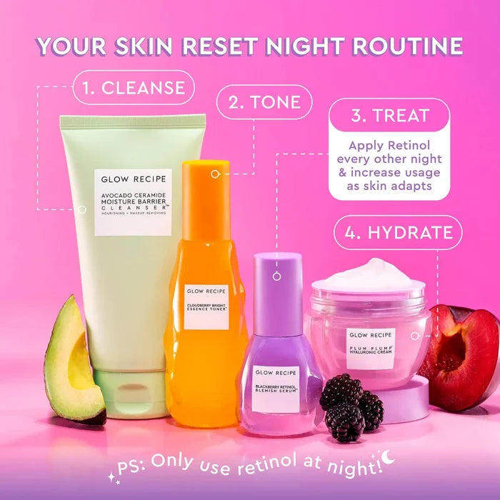 Glow Recipe Blackberry Retinol Blemish Serum in a glass bottle with dropper applicator, designed for clear, smooth skin.