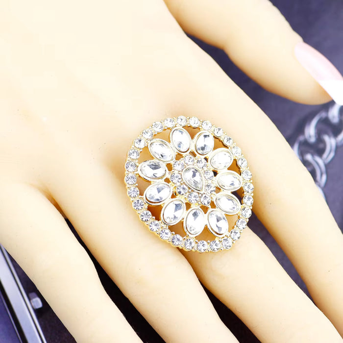 Gold Plated Clear Crystal Adjustable Big Finger Ring Traditional Women Fashion Jewelry