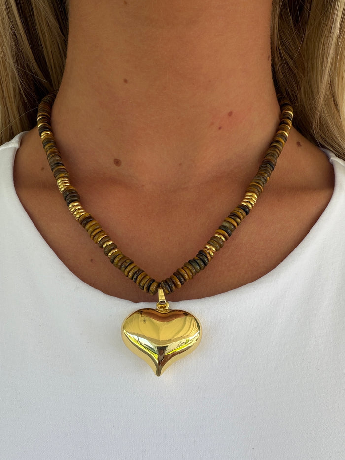Golden Heart Statement Beaded Chain Necklace – 14K Gold Plated