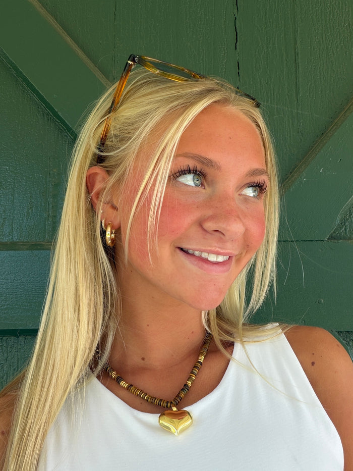 Golden Heart Statement Beaded Chain Necklace – 14K Gold Plated