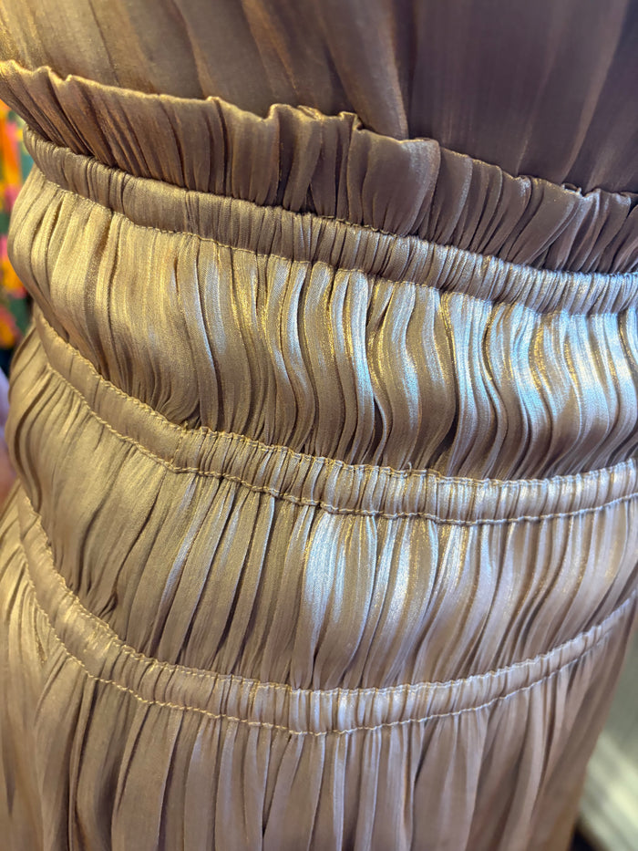 Golden silk halter dress by Current Air featuring a flowing design and elegant neckline, perfect for summer or evening wear.