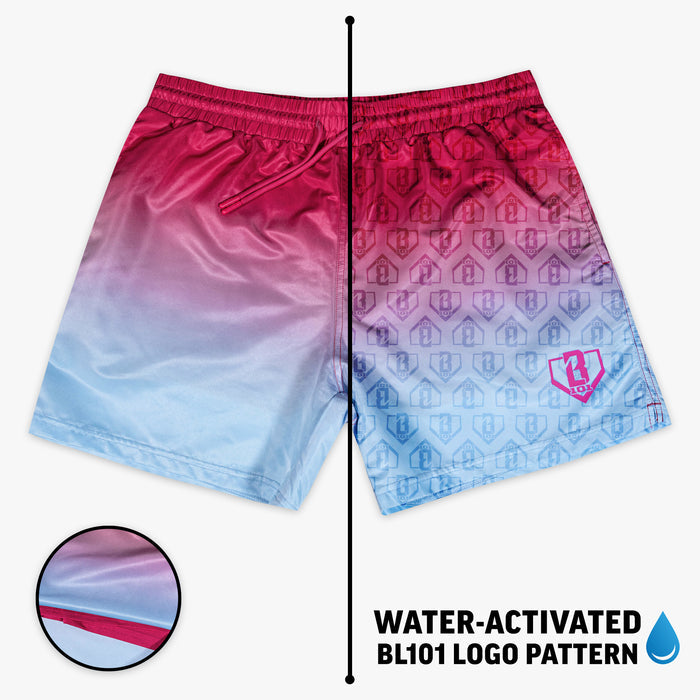 Pink and blue gradient shorts with BL101 logo pattern on a white background