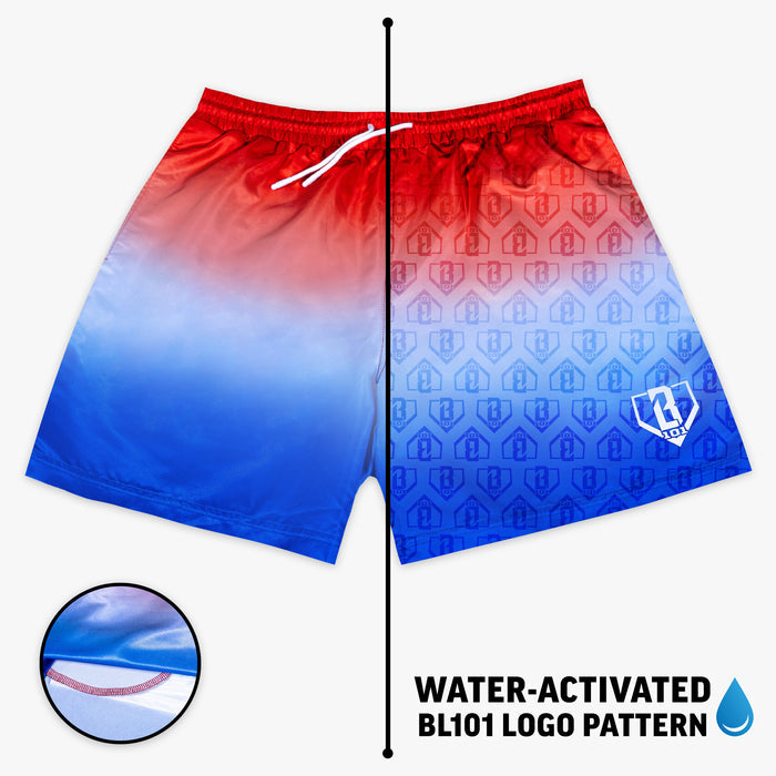 Red, white and blue gradient shorts with BL101 logo pattern on a white background