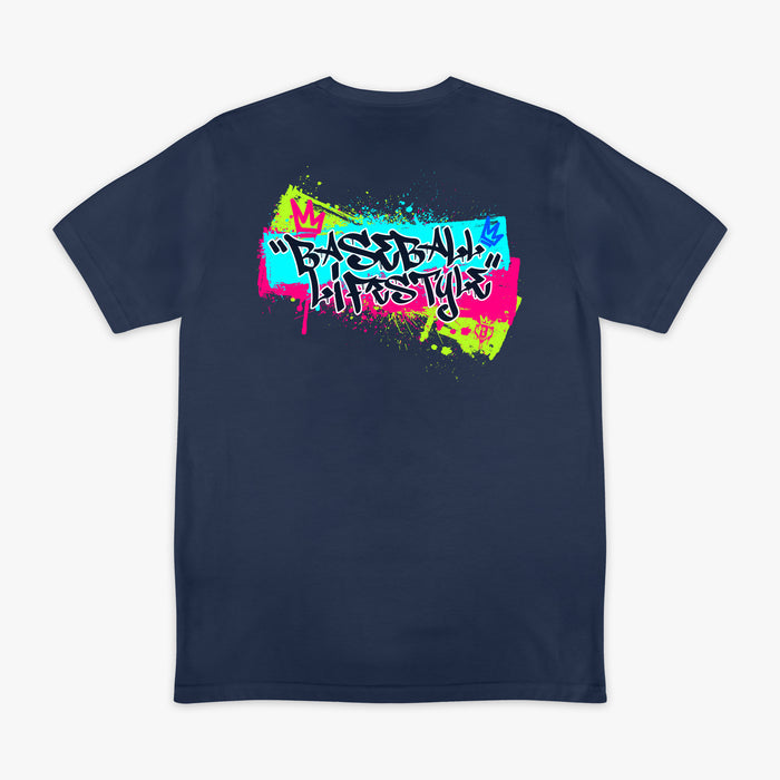Navy Graffiti Crown graphic tee — back view