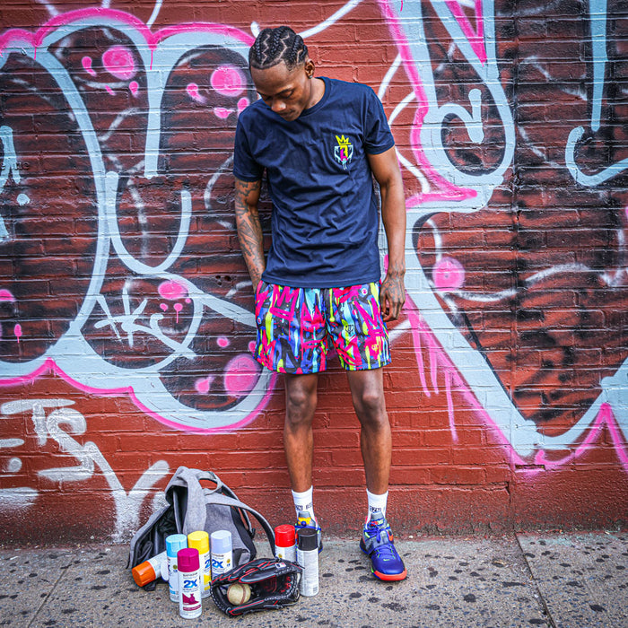 Navy Graffiti Crown graphic tee — front view