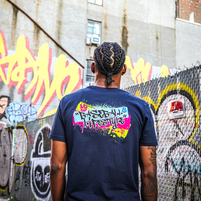 Navy Graffiti Crown graphic tee — back view