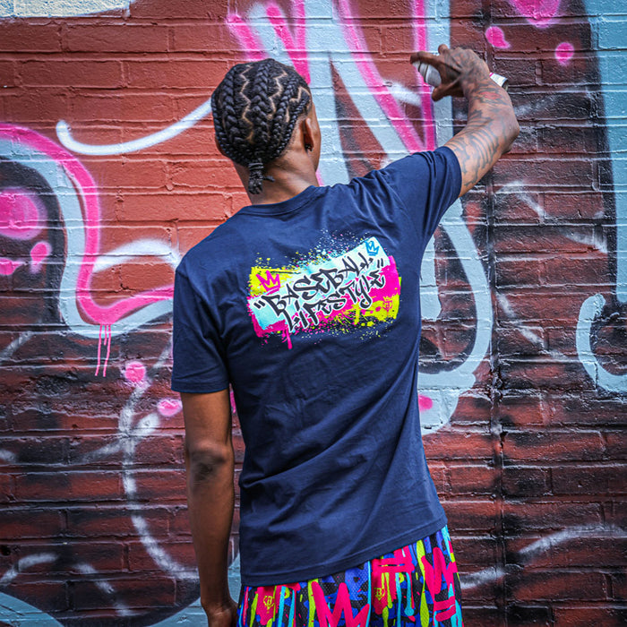 Navy Graffiti Crown graphic tee — back view
