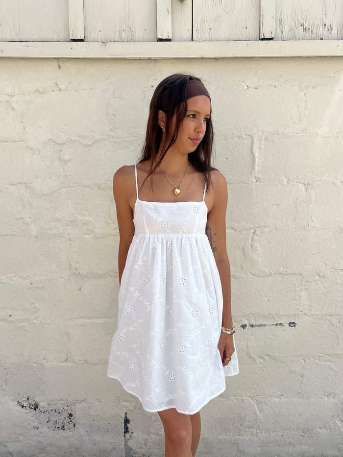 Halle Gathered Mini Dress – White