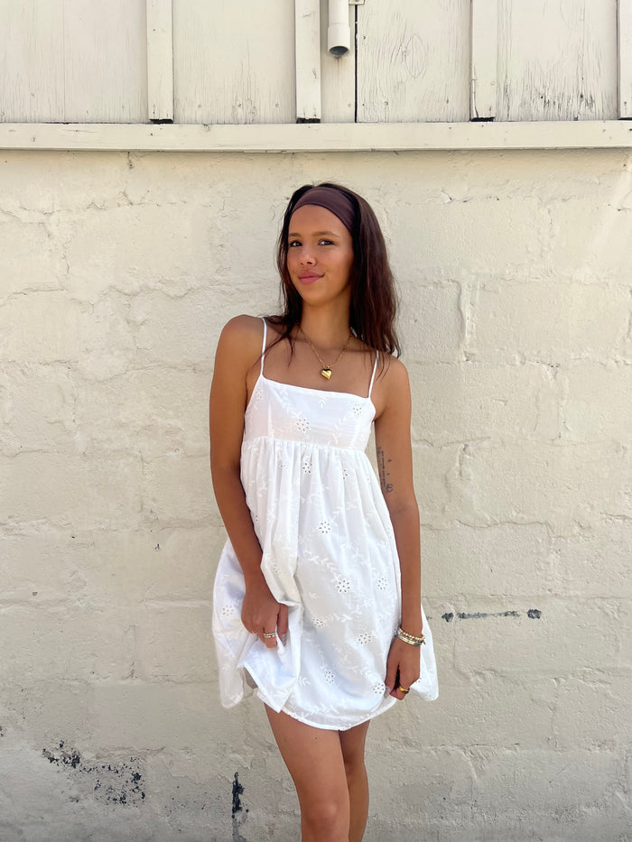 Halle Gathered Mini Dress – White