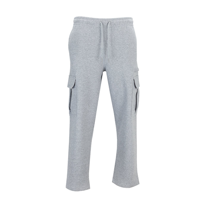 Heather grey men’s cargo sweatpants with open hems and drawstring waist