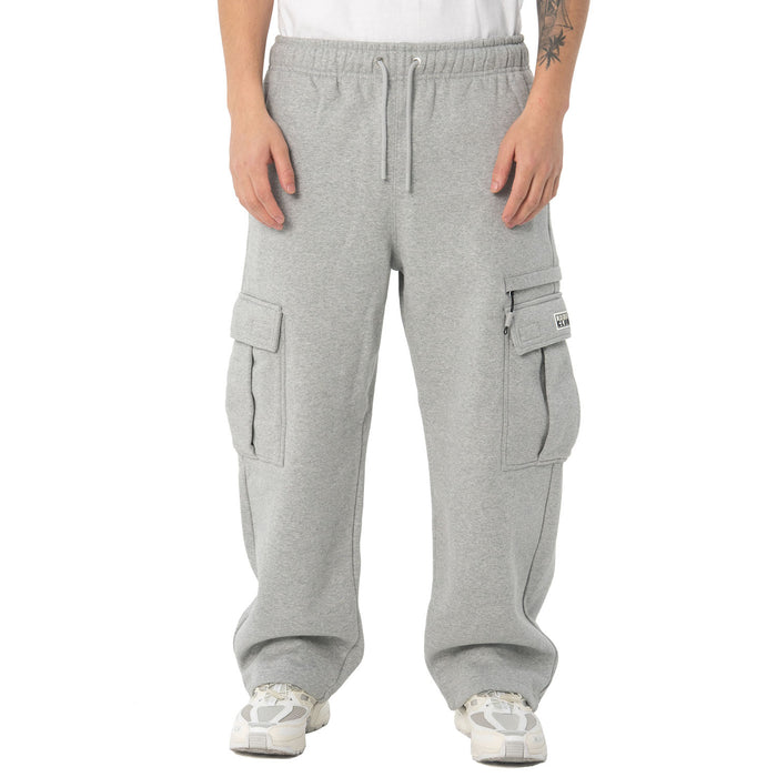 Heather grey cargo sweatpants with drawstring waist, side pockets, and open cuffs