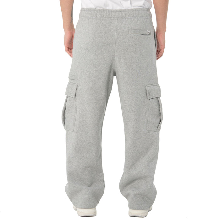 Heather grey cargo sweatpants with side utility pockets and relaxed straight legs