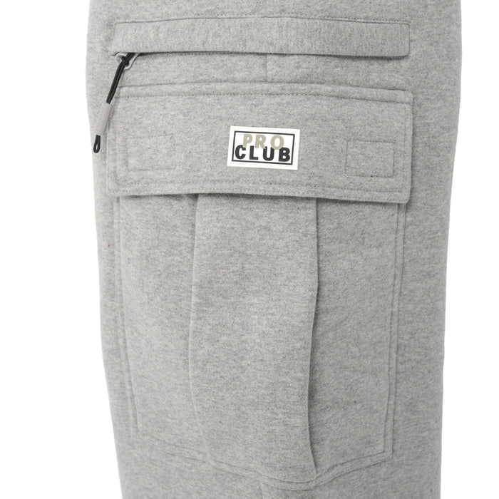 Heather grey cargo sweatpants with front patch pocket and 'PRO CLUB' label