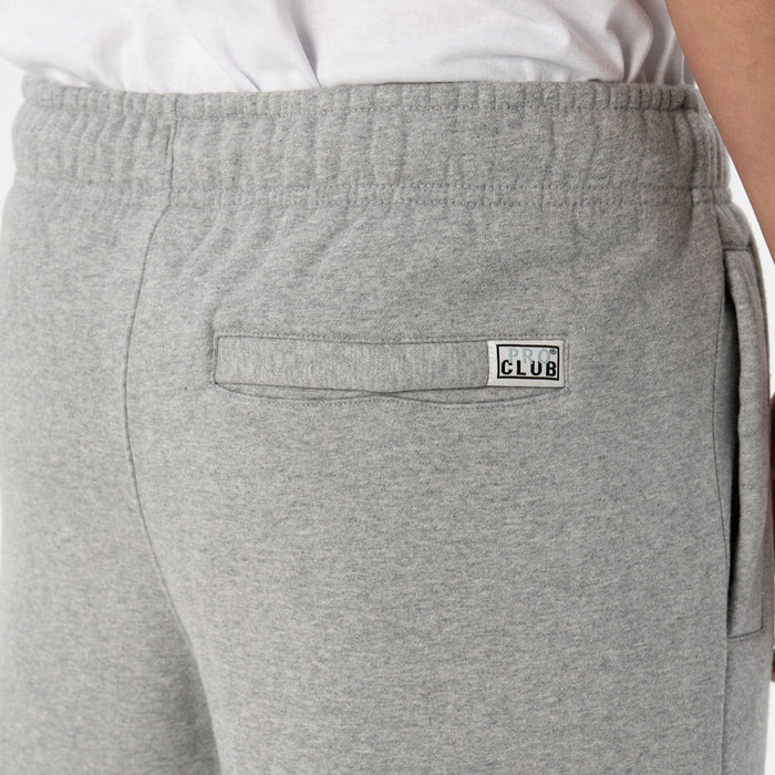 Heather grey sweatpants with back cargo pocket, elastic waistband, and drawcord