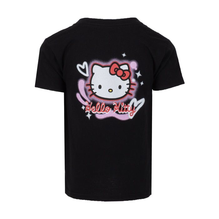 Toddler black Hello Kitty airbrush tee with back graphic and Hello Kitty text