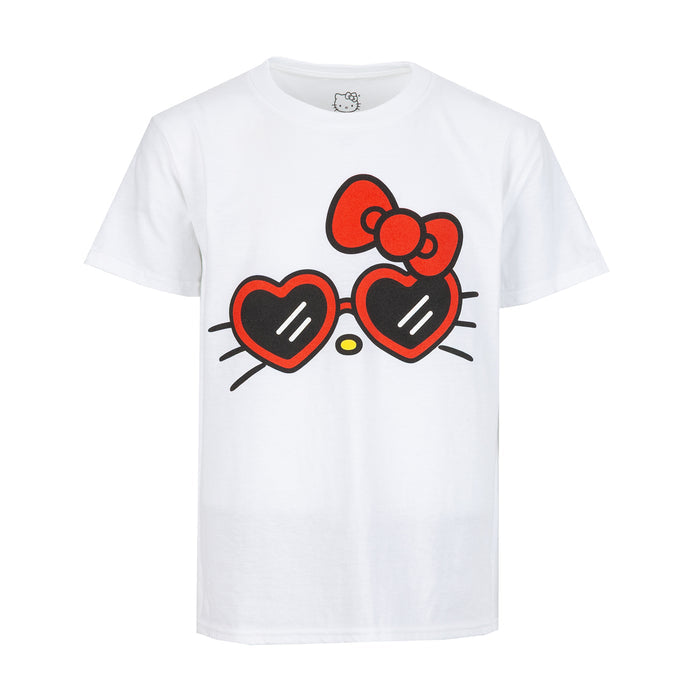 Youth Hello Kitty face graphic T-shirt, white crew neck with red bow glasses