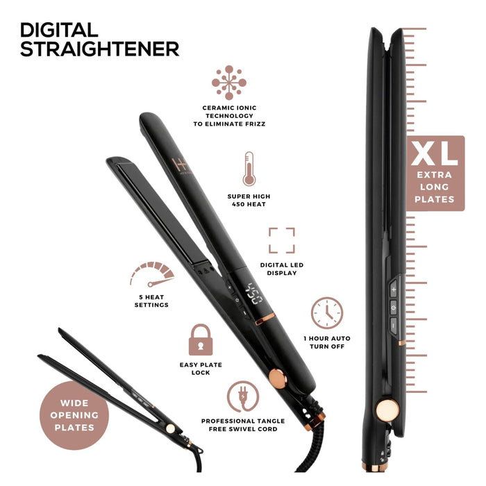 H&H Extra Long Ceramic Plate Digital Flat Iron 1” [Black] #5897