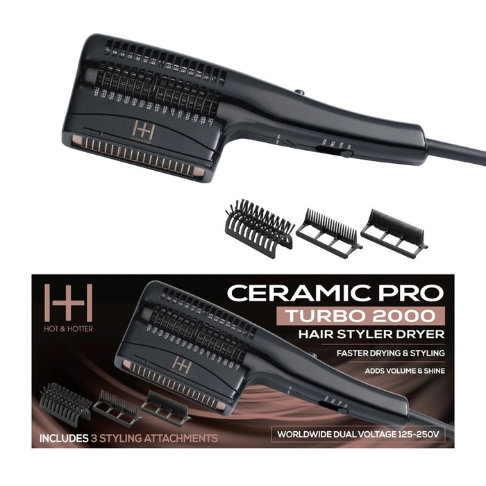 ANNIE ceramic pro turbo hair styler dryer in black with three detachable styling attachments and travel voltage