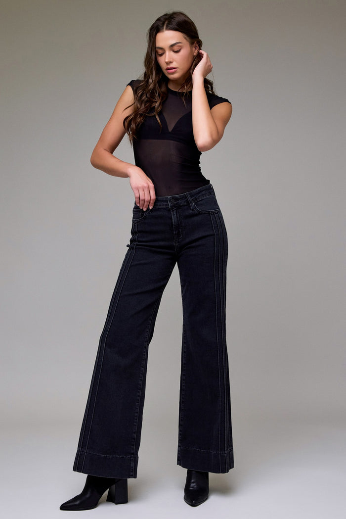 Hidden Charcoal Wash Happi Mid Rise Pin Tuck Comfort Flare - Charcoal